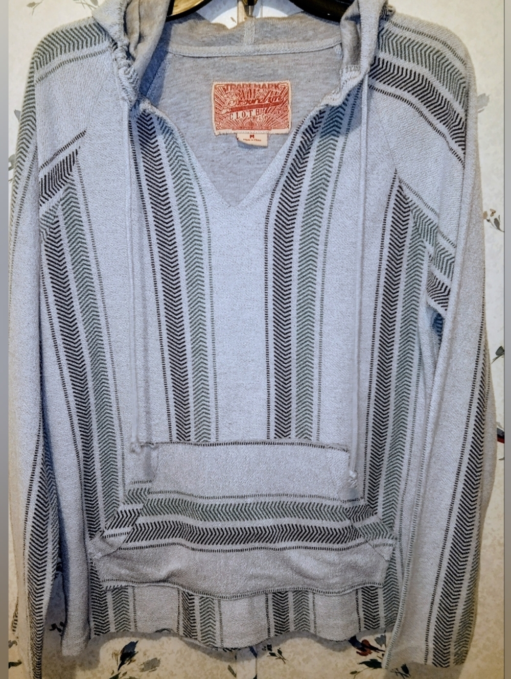 Boho Vibes Brooklyn Co Gray With Black and Green Chevron Stripes Hoodie-Medium. - Picture 2 of 5